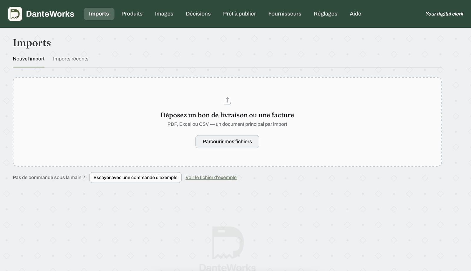 Imports screen: the drop zone for a delivery note or an invoice