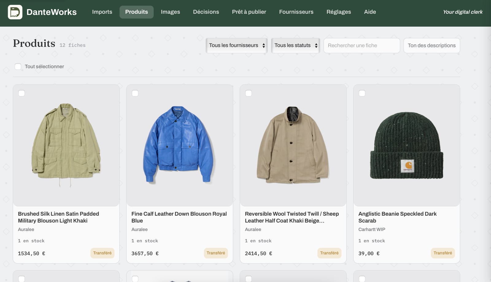Products screen: extracted products in a grid, with price and status